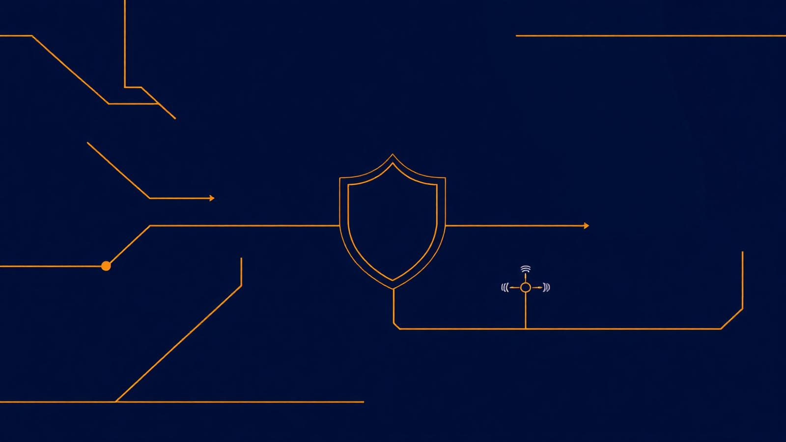 Abstract navy and amber illustration of a shield connected to security system nodes.